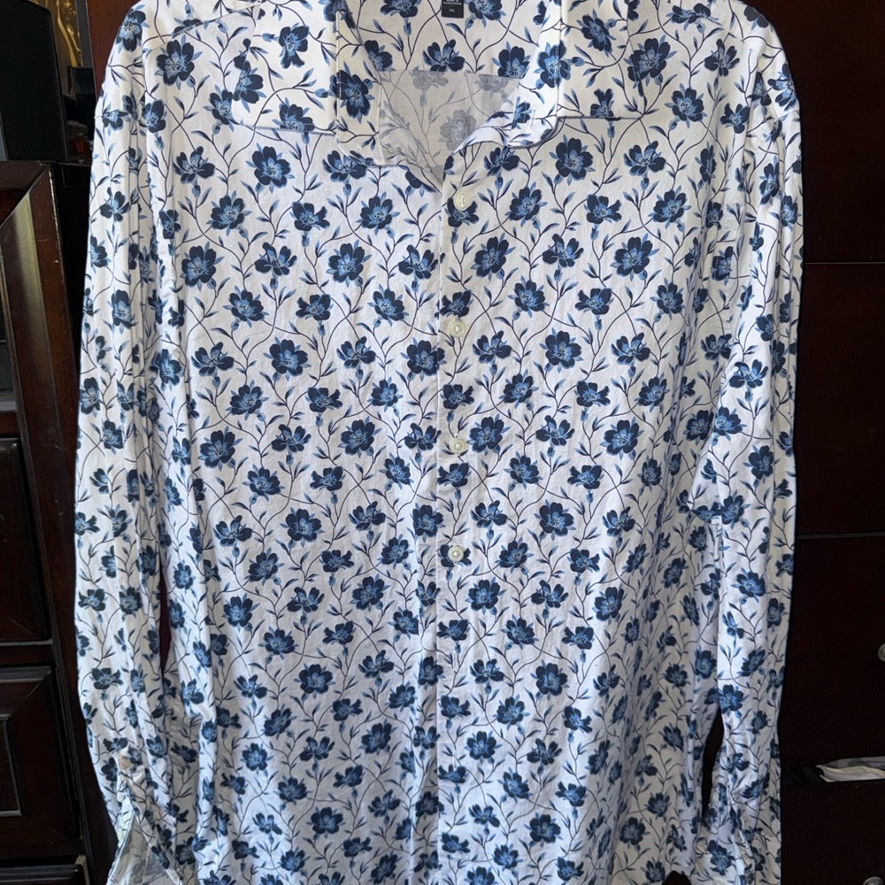 Express White and Blue Floral Button Down Shirt